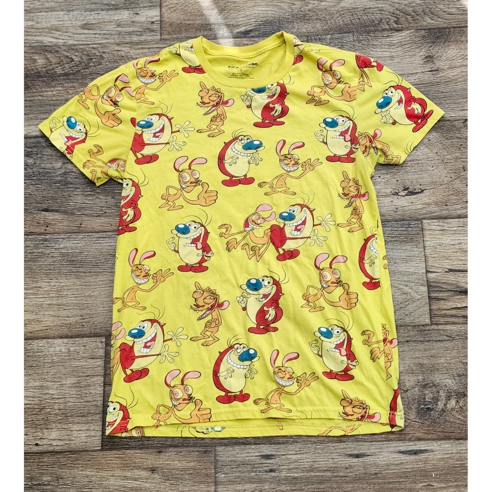 Nickelodeon Ren and Stimpy T Shirt Mens Small Yellow Classic Happy Happy Joy Joy